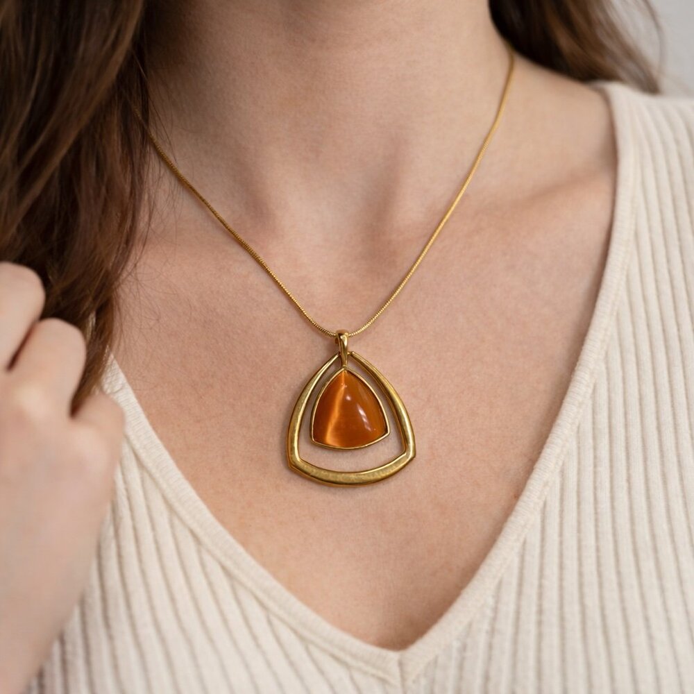 M&S Gold Tone Pendant Necklace Cat Eye Stone Modernist Vintage Style Statement